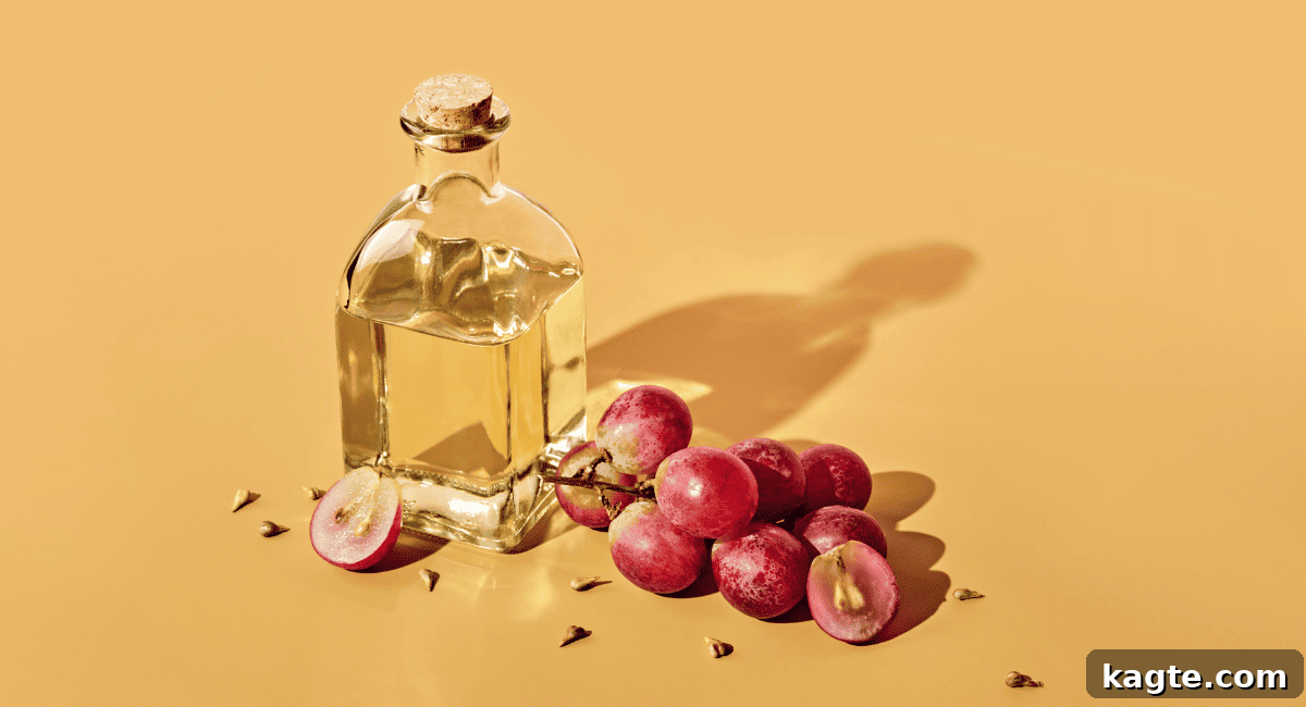 10 Smart Swaps for Avocado Oil 7 A bottle of grapeseed oil with grapes in the background.
