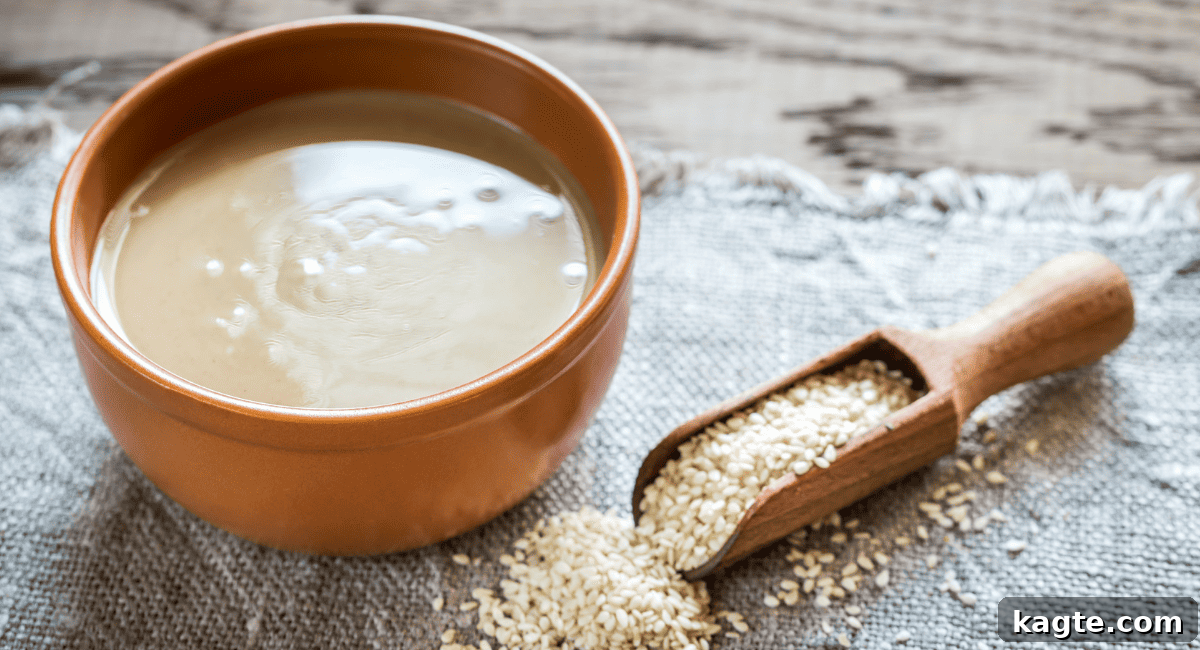 Overhead image of tahini sauce.
