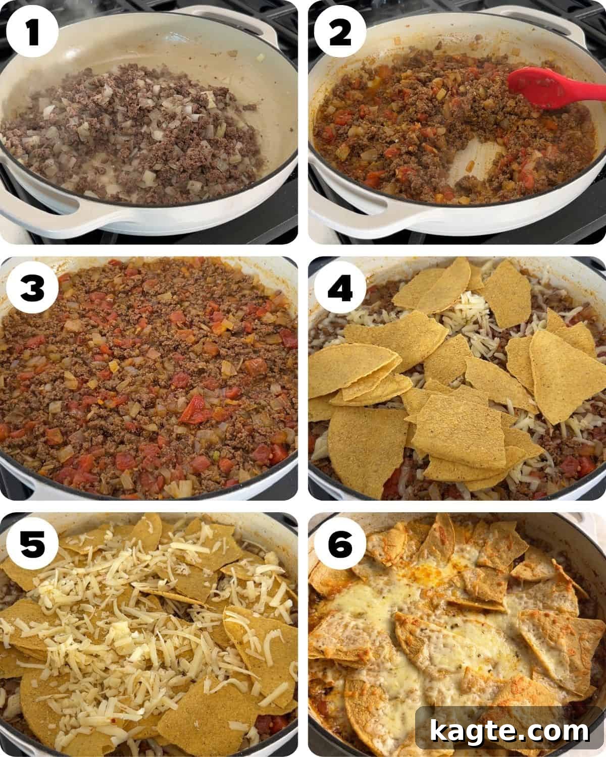 Simple Crispy Beef Taco Bake 4 A 6 image collage showing the step-by-step process for making beef taco casserole recipe.