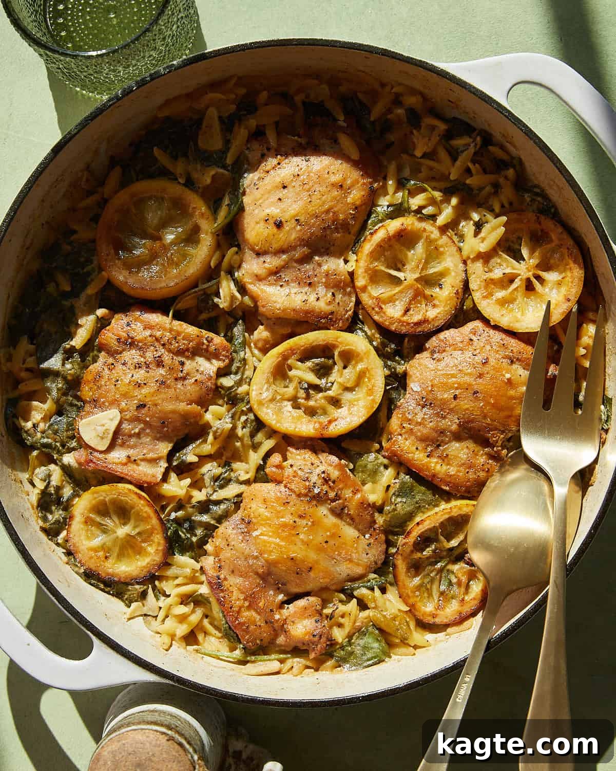 One-Pan Zesty Lemon Chicken Orzo 2 A beautifully presented overhead view of creamy lemon chicken and orzo pasta, garnished with fresh herbs and lemon slices.