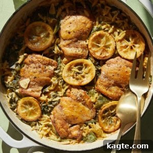 One-Pan Zesty Lemon Chicken Orzo 7 Close-up of a serving of creamy lemon chicken orzo in a bowl, garnished with fresh herbs and lemon zest.