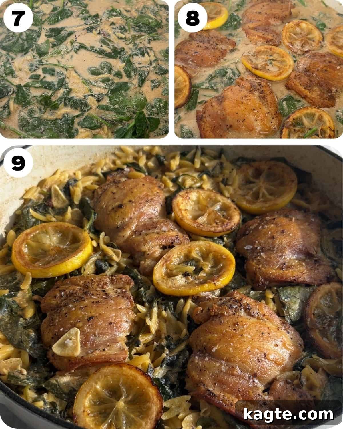 One-Pan Zesty Lemon Chicken Orzo 5 A 3-photo collage showcasing the final stages of preparing lemon chicken with orzo pasta, including adding cream and orzo, nesting the chicken, and the finished dish.