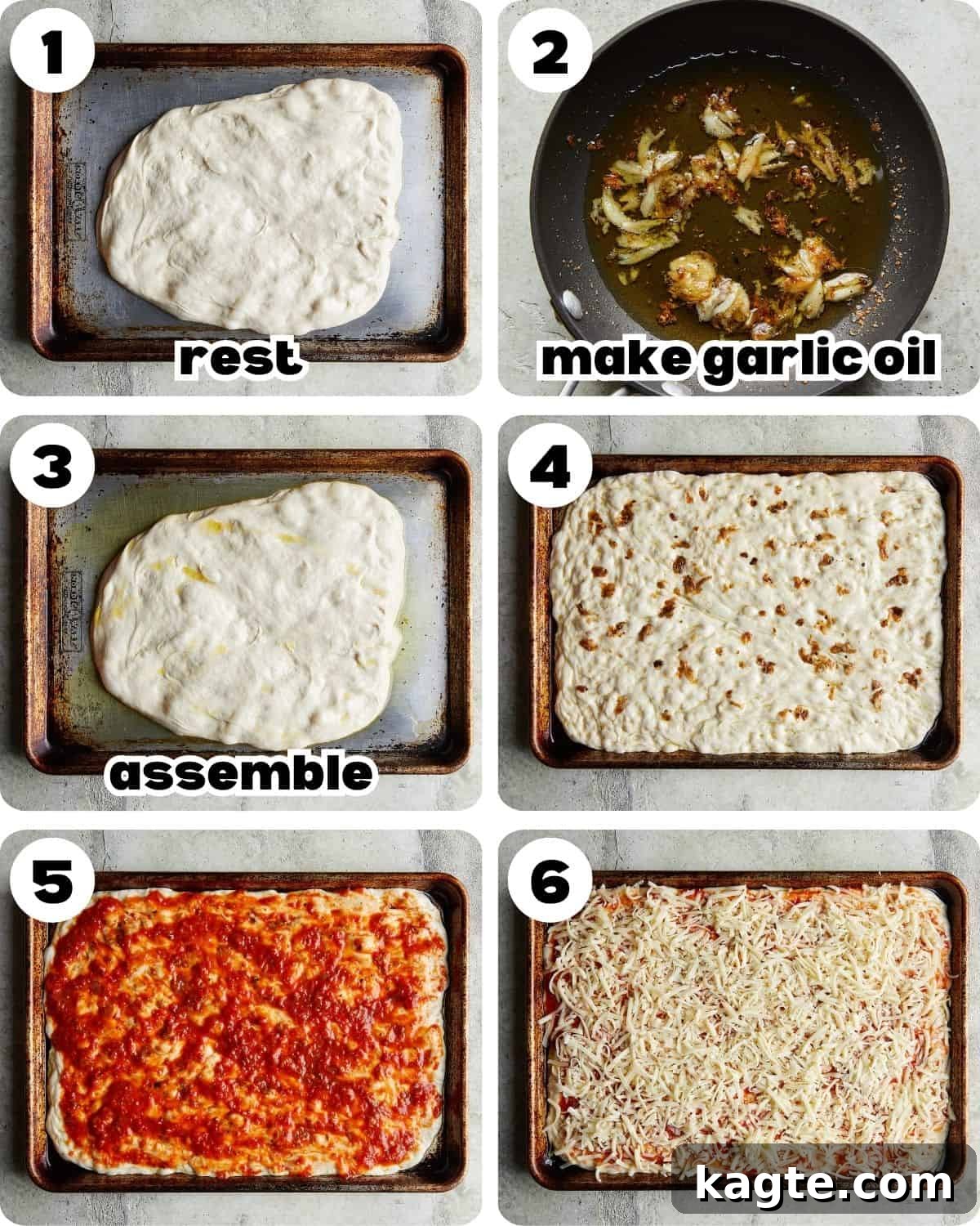 A 6 photo collage showing the first six steps for preparing crispy pepperoni sheet pan pizza, from dough stretching to cheese layering.