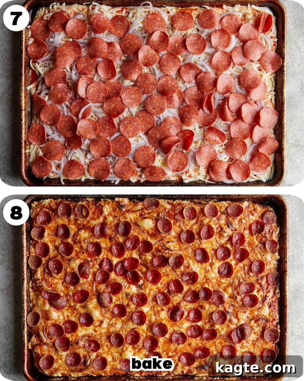 A two photo collage showing the final steps for crispy pepperoni sheet pan pizza: topping with onions and pepperoni, and the finished baked pizza.