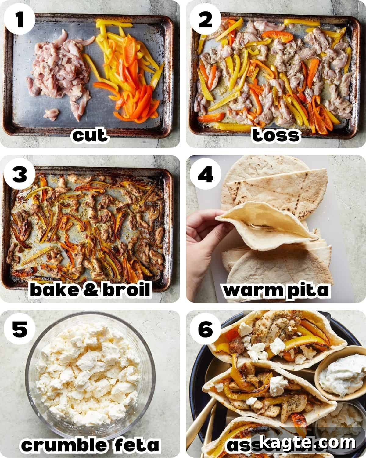 Quick Chicken Pita Sandwiches 4 A six-photo collage illustrating the sequential steps to prepare chicken pita pockets, from initial prep to final assembly.