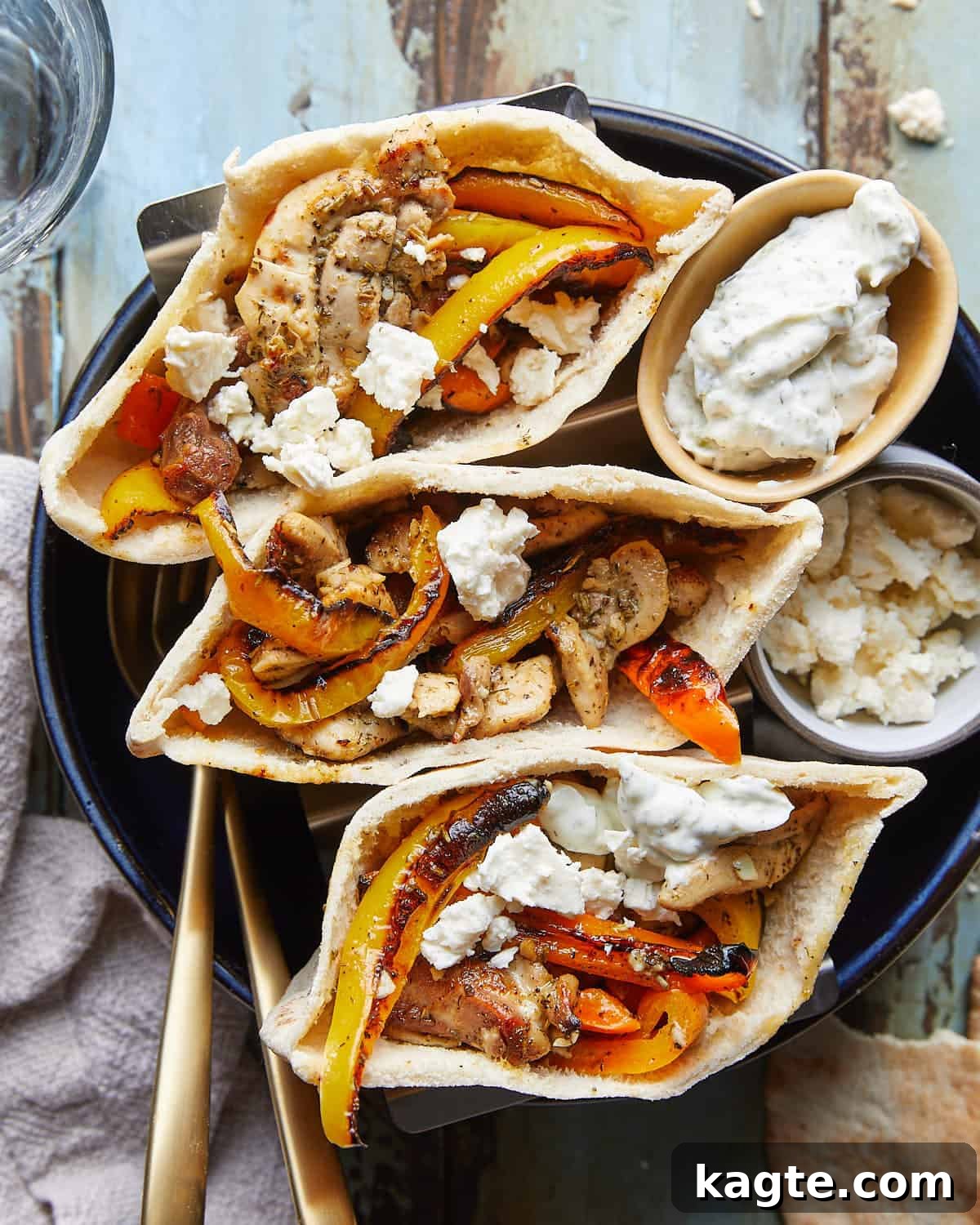 Quick Chicken Pita Sandwiches 5 Overhead image of beautifully presented chicken pita pockets with fresh herbs and a lemon wedge garnish.