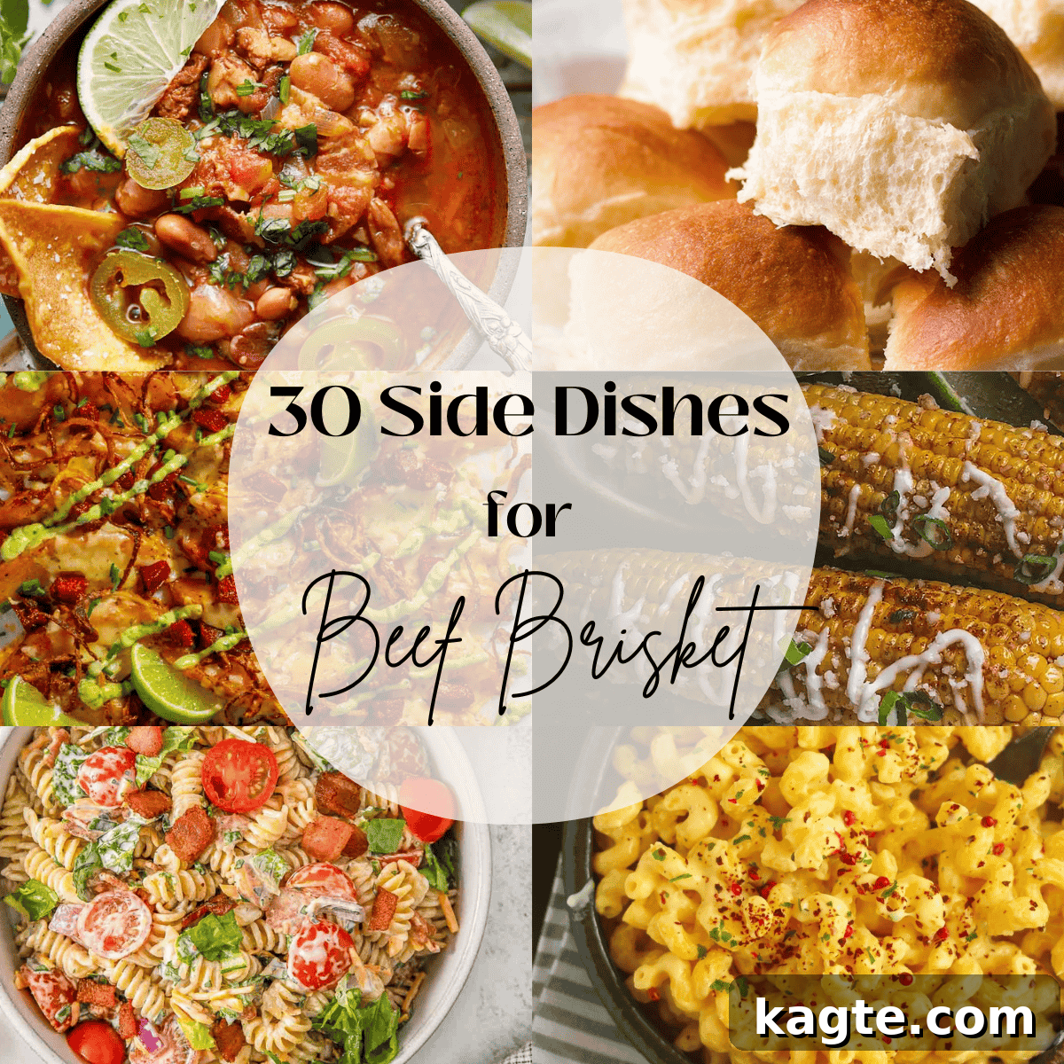 Perfectly Paired: 30 Irresistible Sides for Beef Brisket 2 A 6 image collage showing various appealing side dishes for brisket, accompanied by text overlay that reads '30 Best Side Dishes for Beef Brisket'.