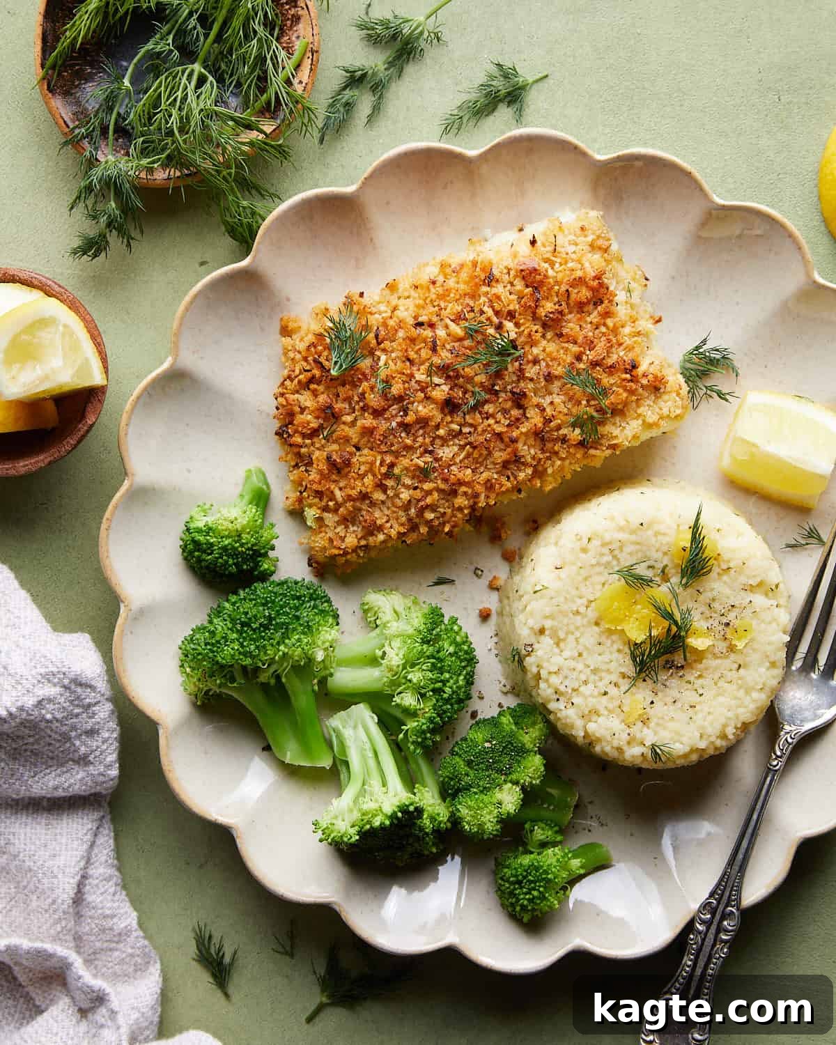 Crispy Panko Halibut with Zesty Lemon Parmesan 2 Overhead image of baked halibut with lemon parmesan panko.