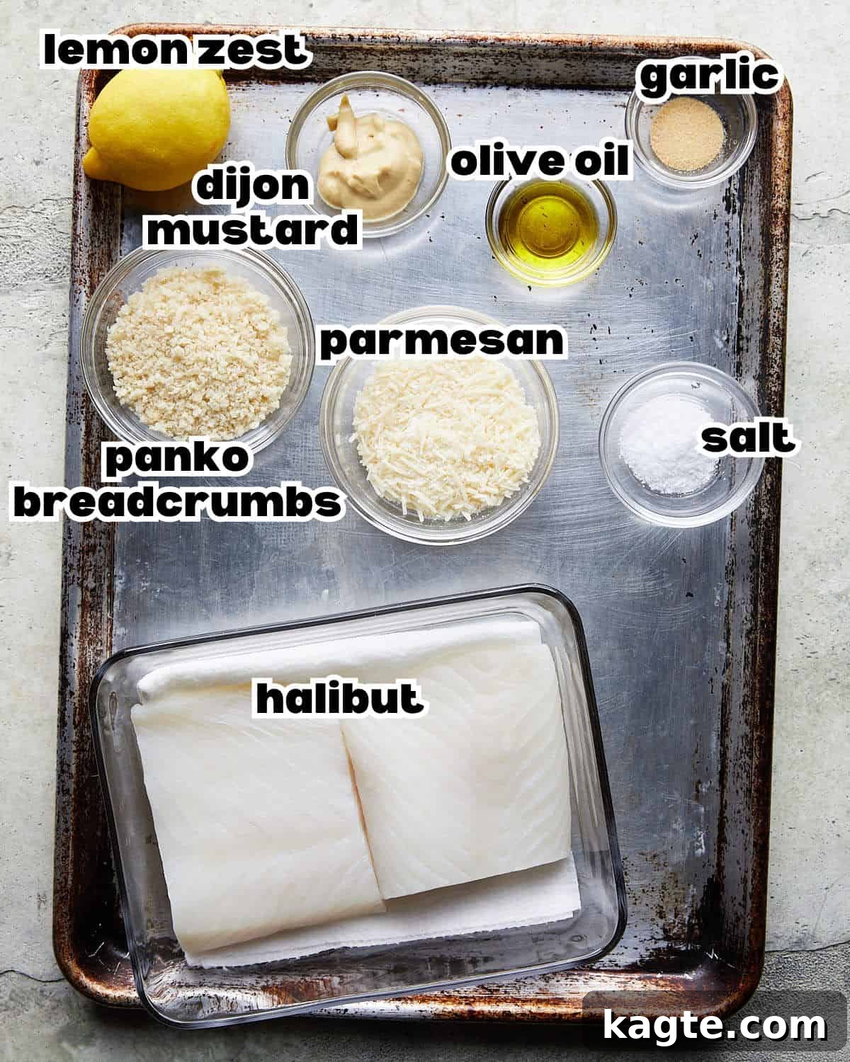 Crispy Panko Halibut with Zesty Lemon Parmesan 3 Overhead image of ingredients needed to make baked halibut with lemon parmesan panko.