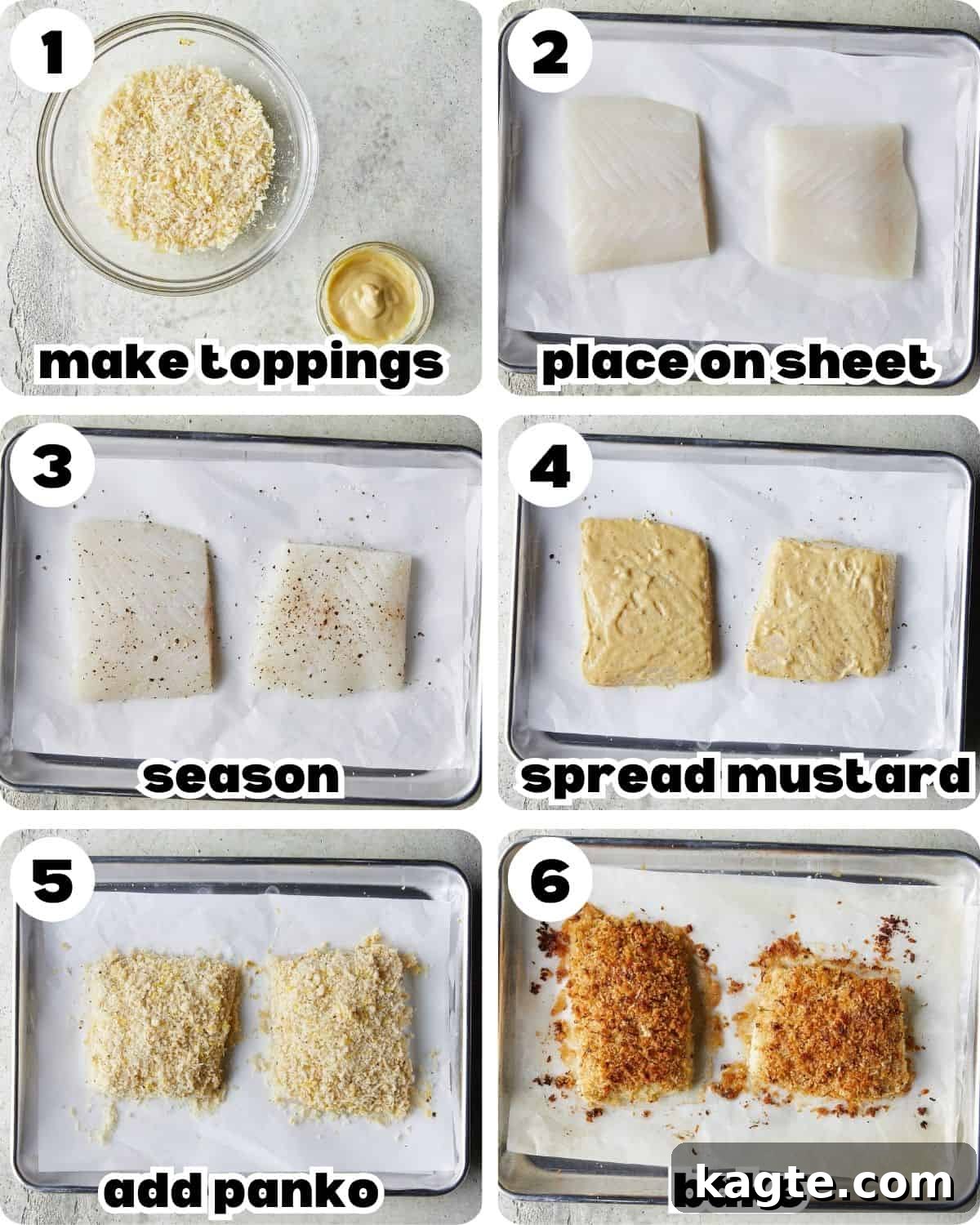 Crispy Panko Halibut with Zesty Lemon Parmesan 4 A 6 image collage showing the steps for baked halibut with lemon parmesan panko.