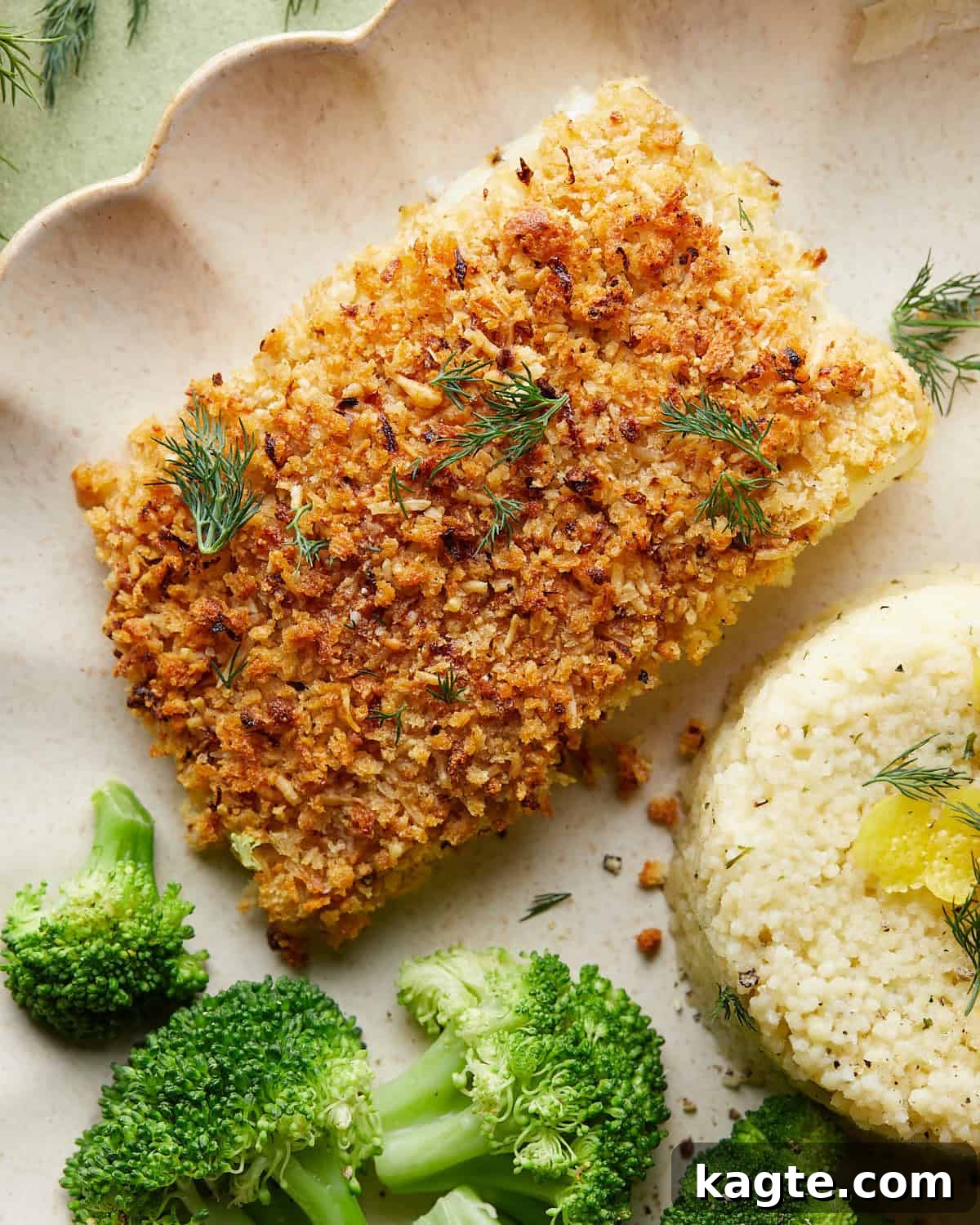 Crispy Panko Halibut with Zesty Lemon Parmesan 5 Overhead image of baked halibut with lemon parmesan panko.