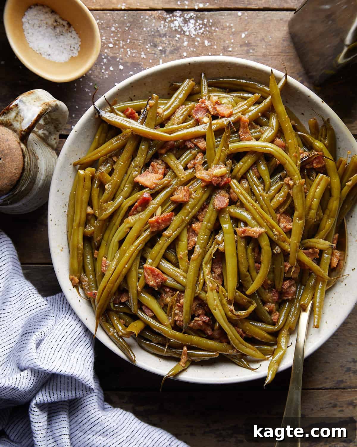 Overhead image of crockpot green beans (country style). 