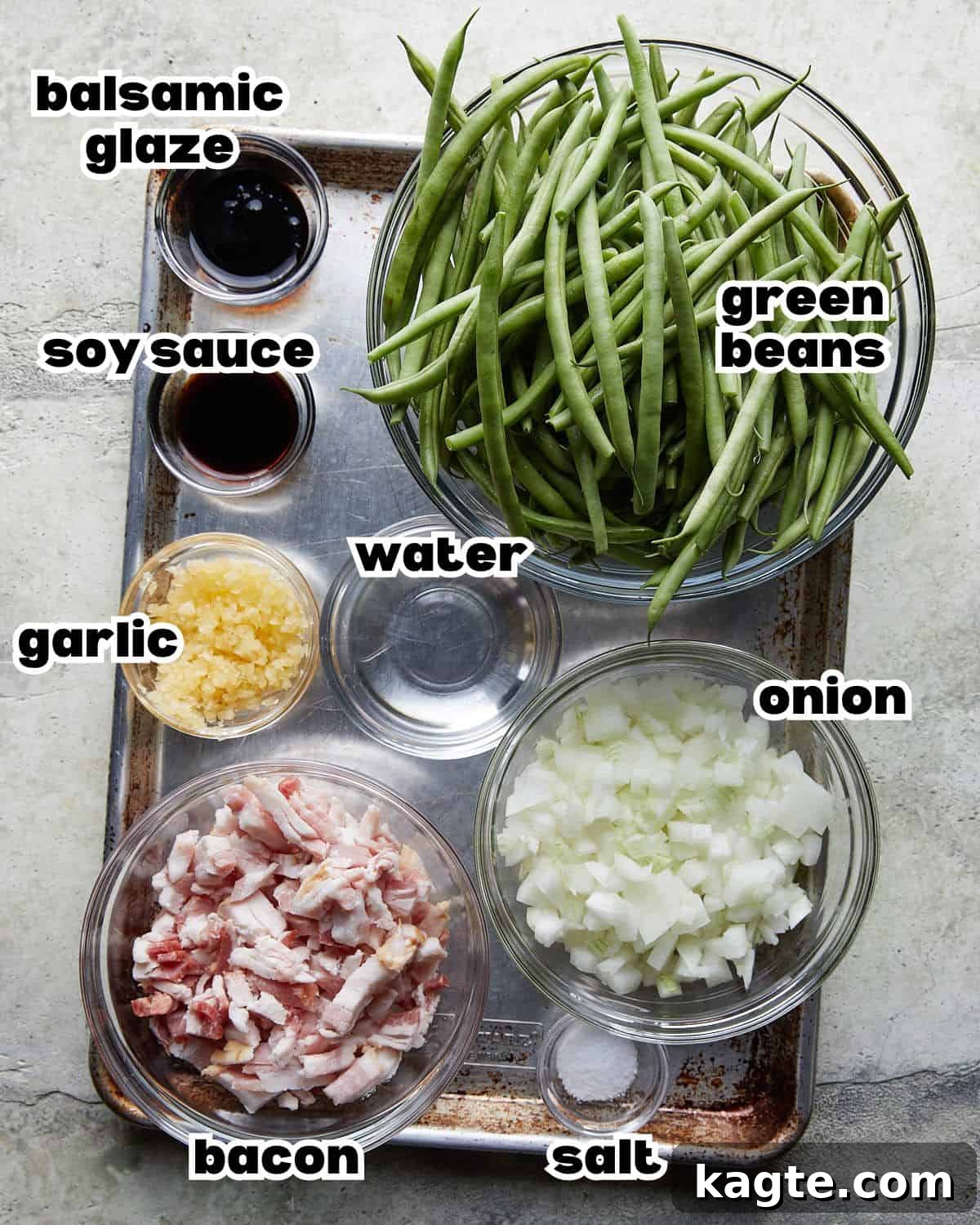 Overhead image of ingredients needed for crockpot green beans.