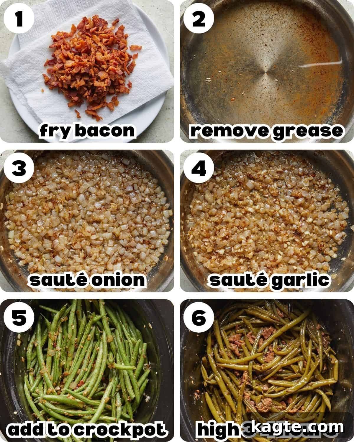 A 6 photo collage showing the assembly of crockpot green beans. 