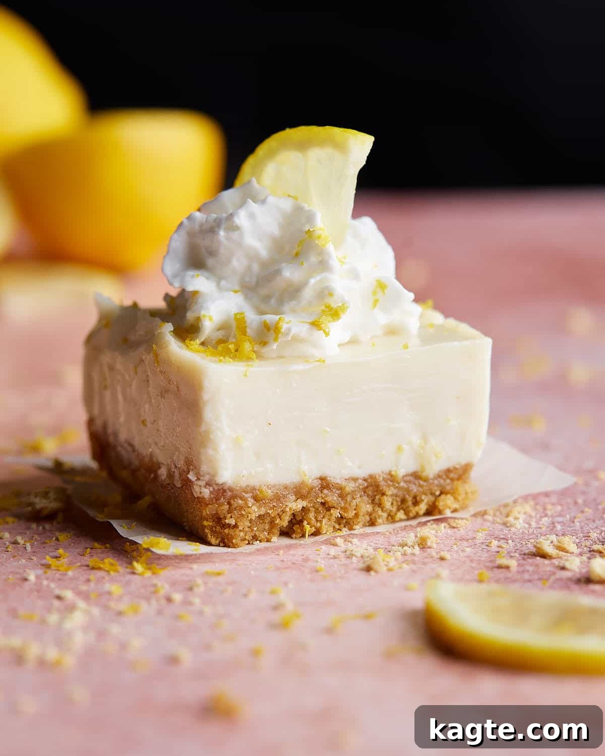 Zesty Lemon Bars With Graham Cracker And Condensed Milk Perfection 2 Side profile image of lemon bar with garnish.