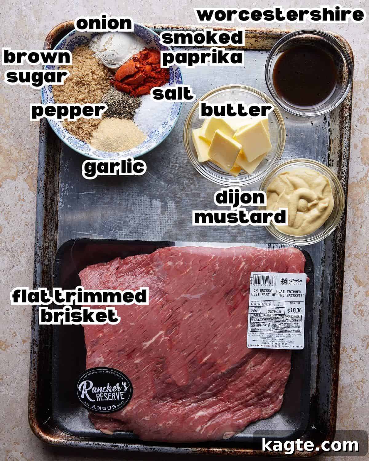Overhead image of ingredients needed to make oven baked brisket.