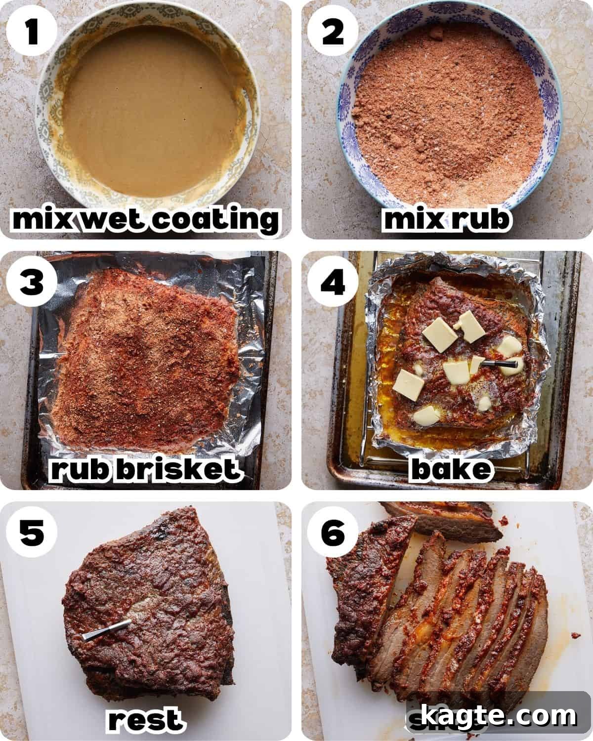 A 6 photo collage showing the steps for oven baked beef brisket.