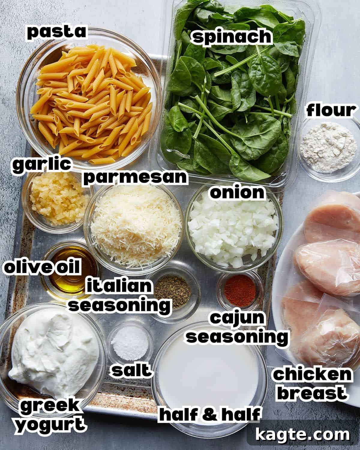 Overhead image of ingredients needed to make garlic chicken pasta. 