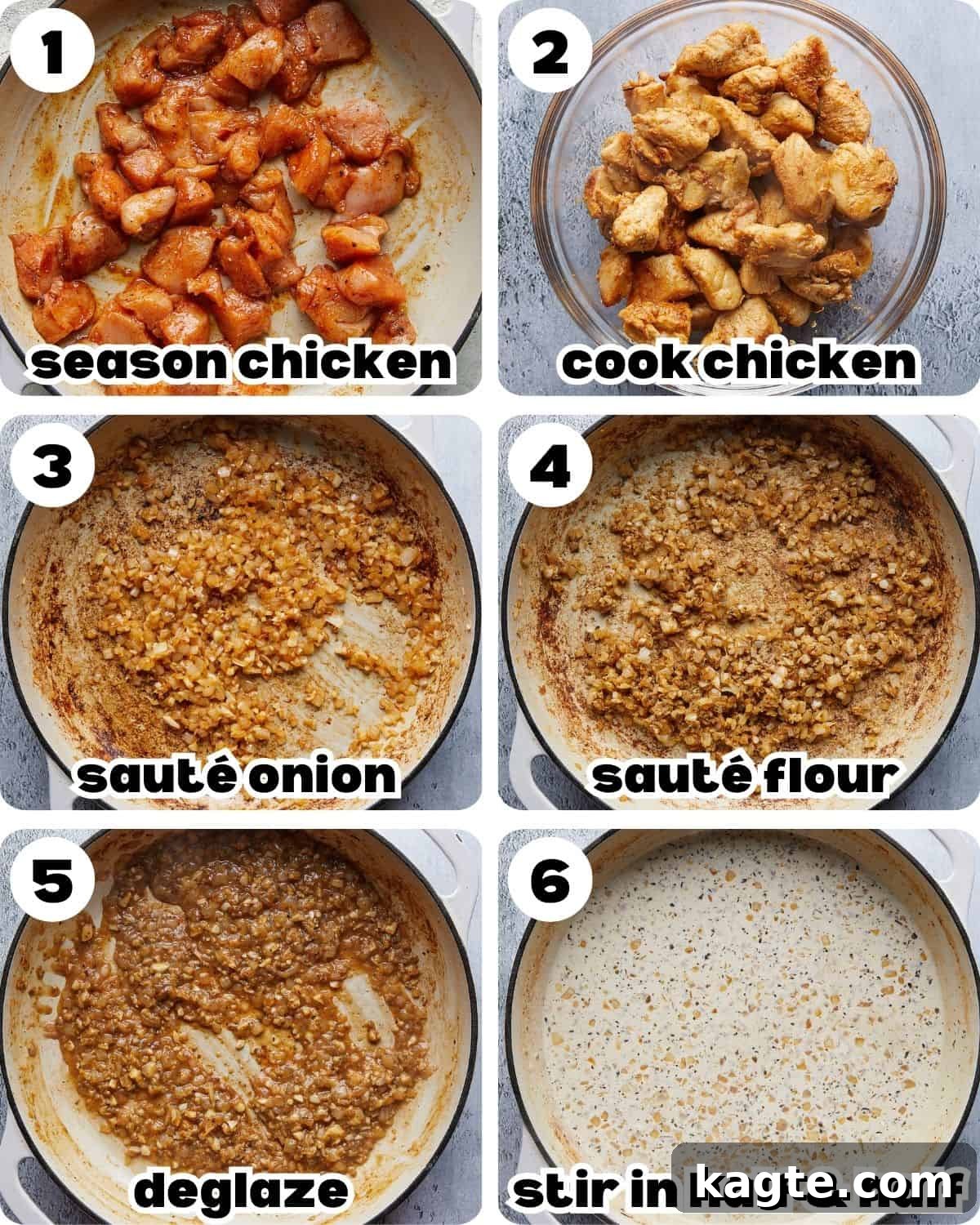 A 6 image collage showing the beginning steps of garlic chicken pasta. 