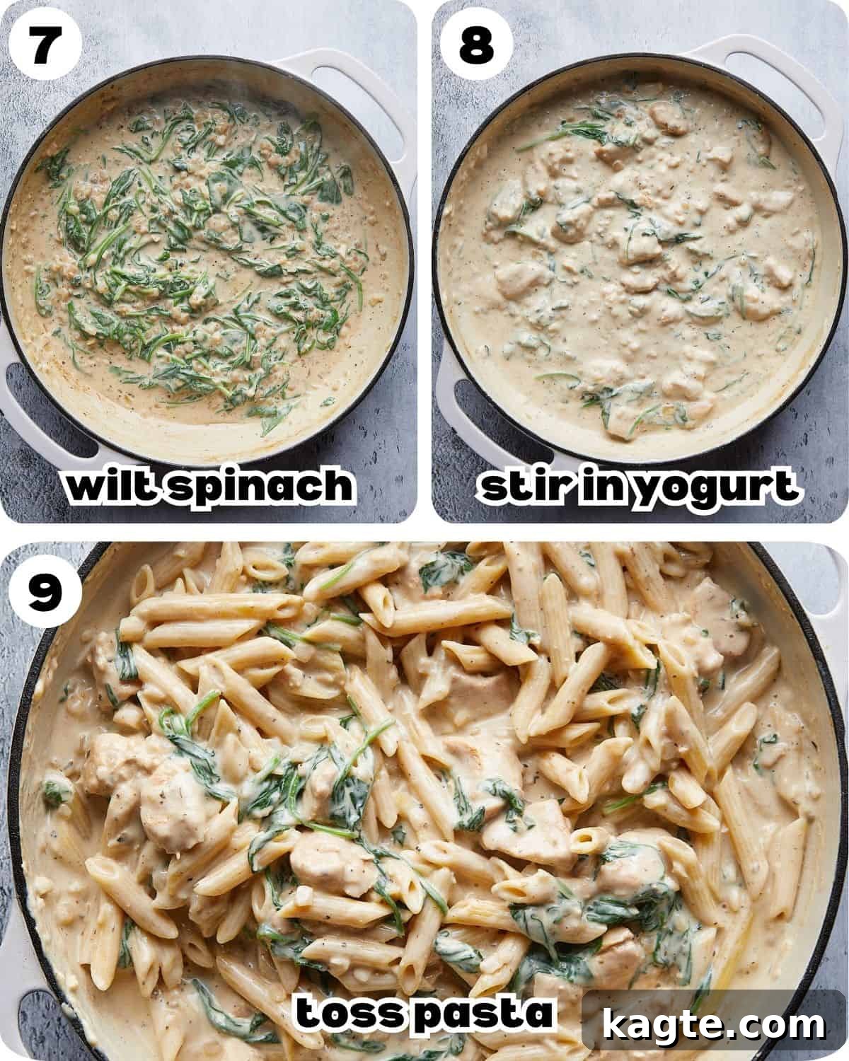 A 3 photo collage showing the final steps for garlic chicken pasta. 