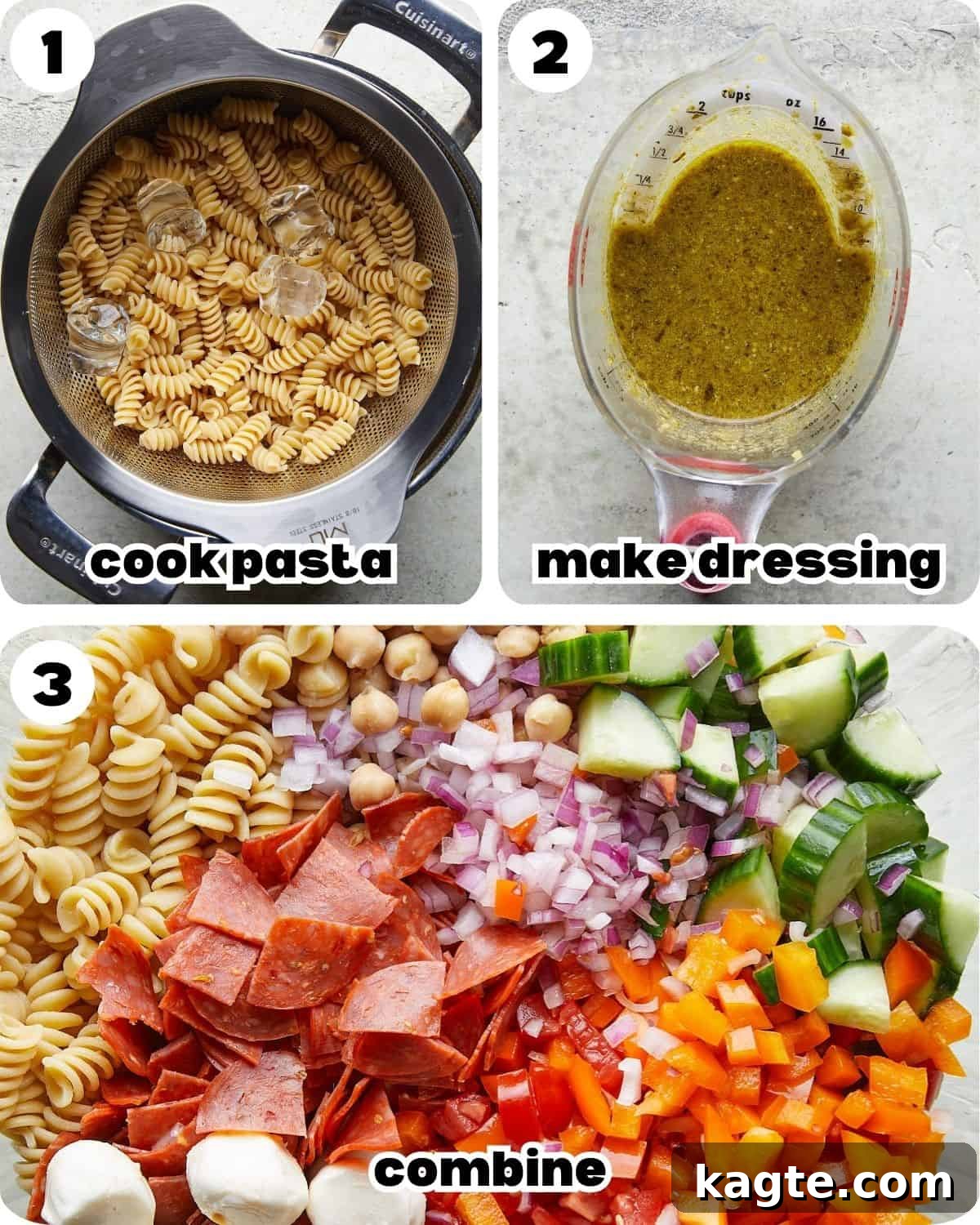 Zesty Italian Pasta Salad 4 A 3-photo collage illustrating the step-by-step process of preparing healthy Italian pasta salad, from cooking pasta to mixing ingredients.