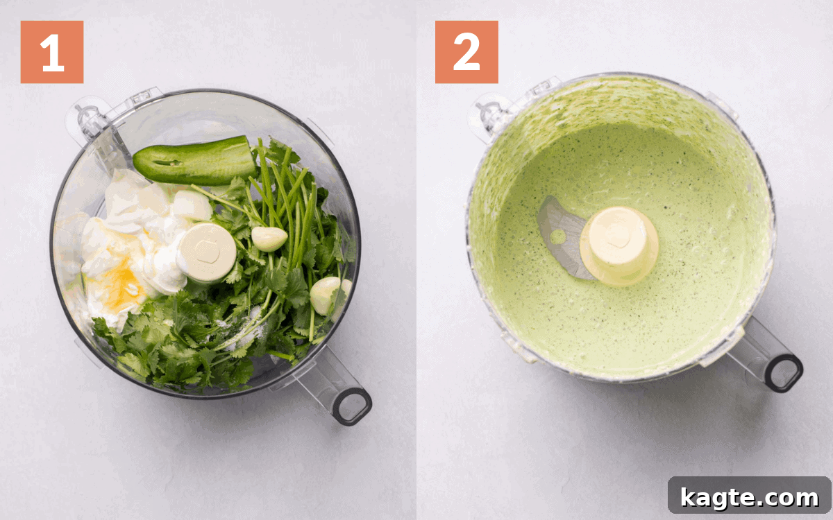Zesty Jalapeño Lime Crema 4 A side-by-side comparison of ingredients in a food processor: before blending (whole ingredients) and after blending (a smooth, vibrant green crema).
