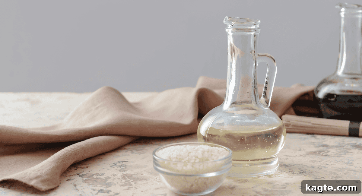 8 Smart Substitutes for Shaoxing Wine 7 Close-up of a bottle of rice vinegar with a simple label, emphasizing its clear liquid.
