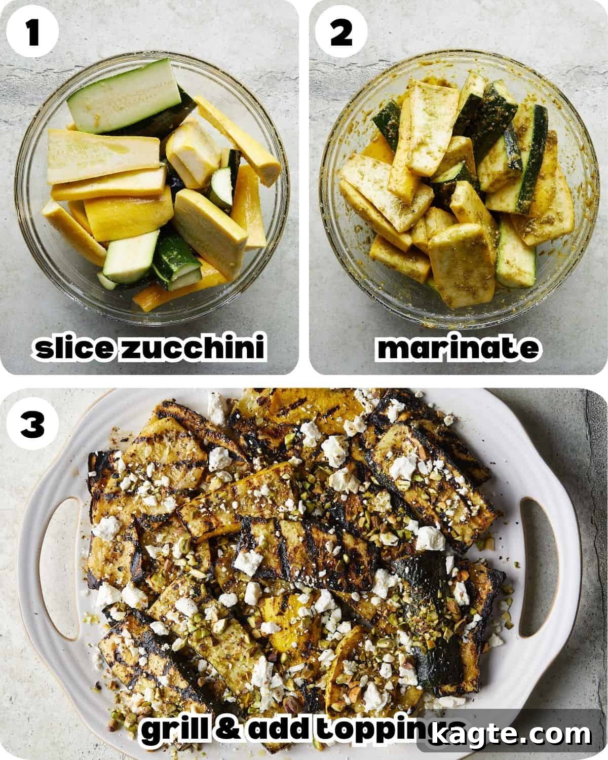 Summer's Grilled Squash Medley 4 A three-photo collage illustrating the key steps to grilling zucchini and yellow squash: 1) slicing the vegetables, 2) tossing them in marinade, and 3) grilling them on an outdoor grill.