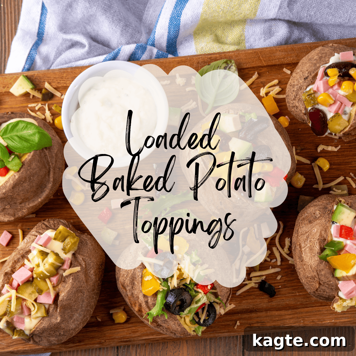 Build Your Own Baked Potato Bar 2 Overhead shot of several loaded baked potatoes, each with different toppings, arranged attractively on a rustic wooden table. Text overlay reads 'Loaded Baked Potato Toppings'.