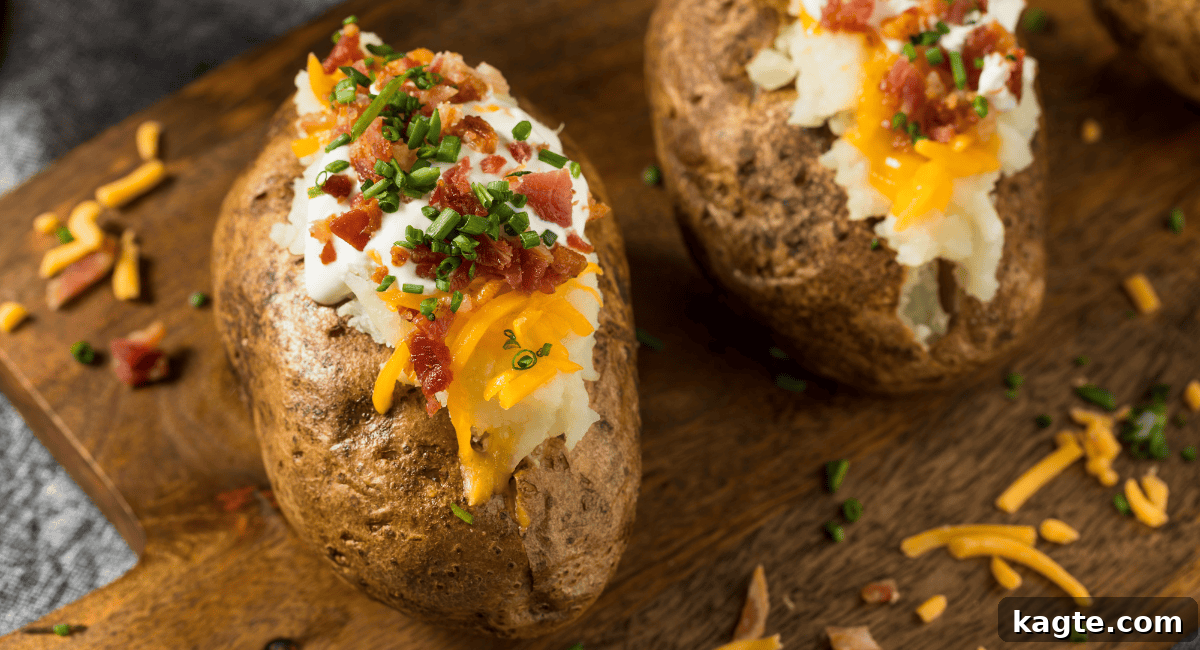 Build Your Own Baked Potato Bar 3 Close-up overhead view of a perfectly loaded baked potato overflowing with melted butter, sour cream, shredded cheddar cheese, crispy bacon bits, and fresh green chives.