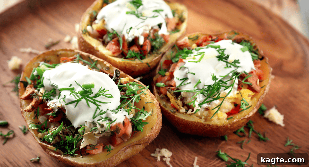 Build Your Own Baked Potato Bar 4 Overhead shot of two savory loaded baked potatoes: one with chili and cheese, another with pulled pork and coleslaw, surrounded by bowls of various gourmet toppings.