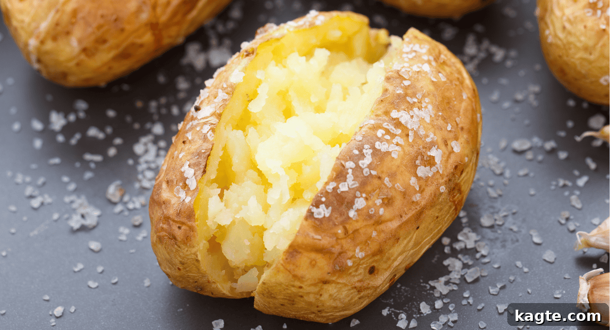 Build Your Own Baked Potato Bar 6 A freshly baked russet potato, split open and fluffed with a fork, garnished with coarse salt crystals, ready for toppings.