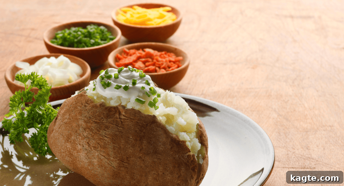 Build Your Own Baked Potato Bar 7 Close-up overhead image of a section of a baked potato bar, showing a split baked potato ready for toppings, surrounded by small glass bowls filled with various colorful toppings like cheese, chives, bacon, and sour cream.