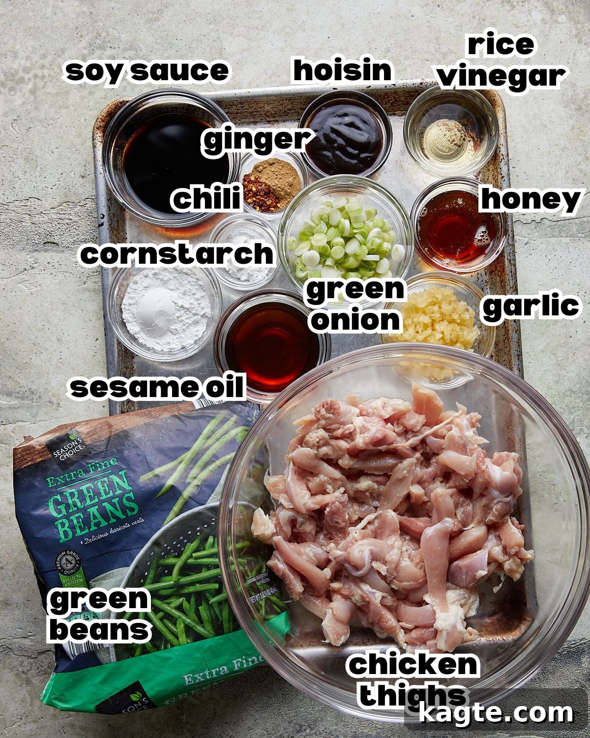 Overhead image ingredients needed for green bean chicken stir fry.
