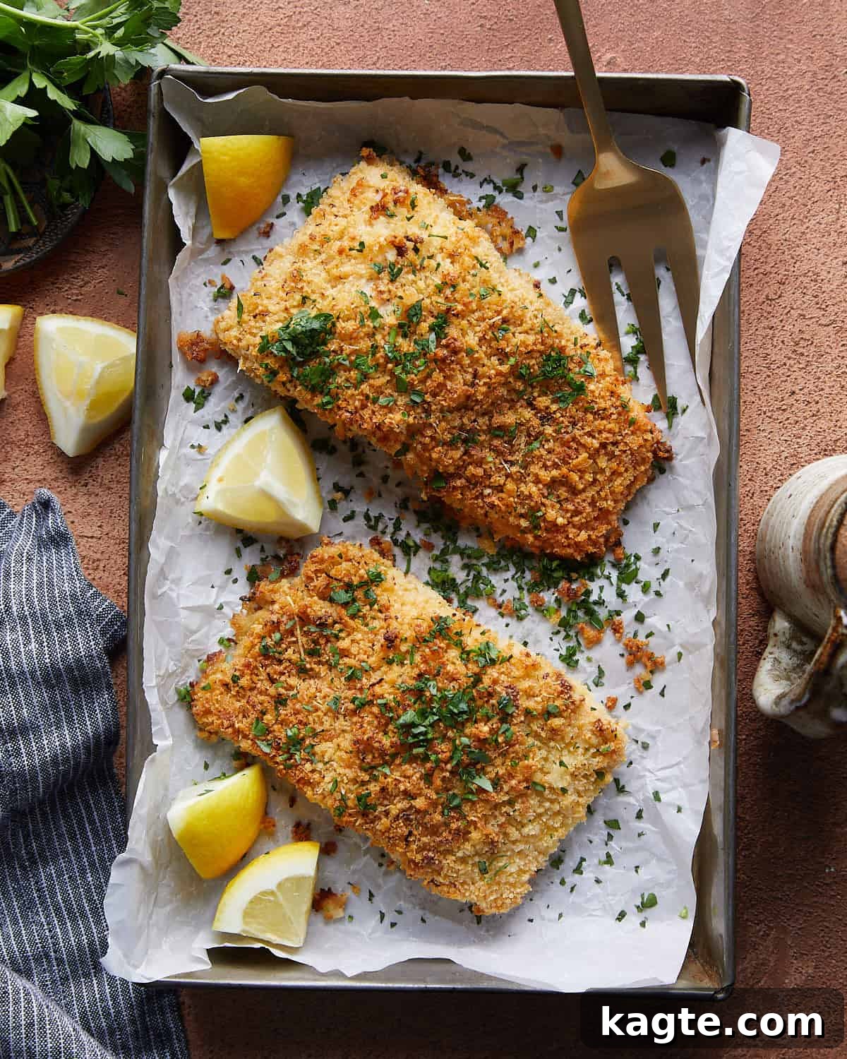 Crispy Panko Baked Salmon with Zesty Mustard 2 Overhead image of panko crusted salmon with garnish.