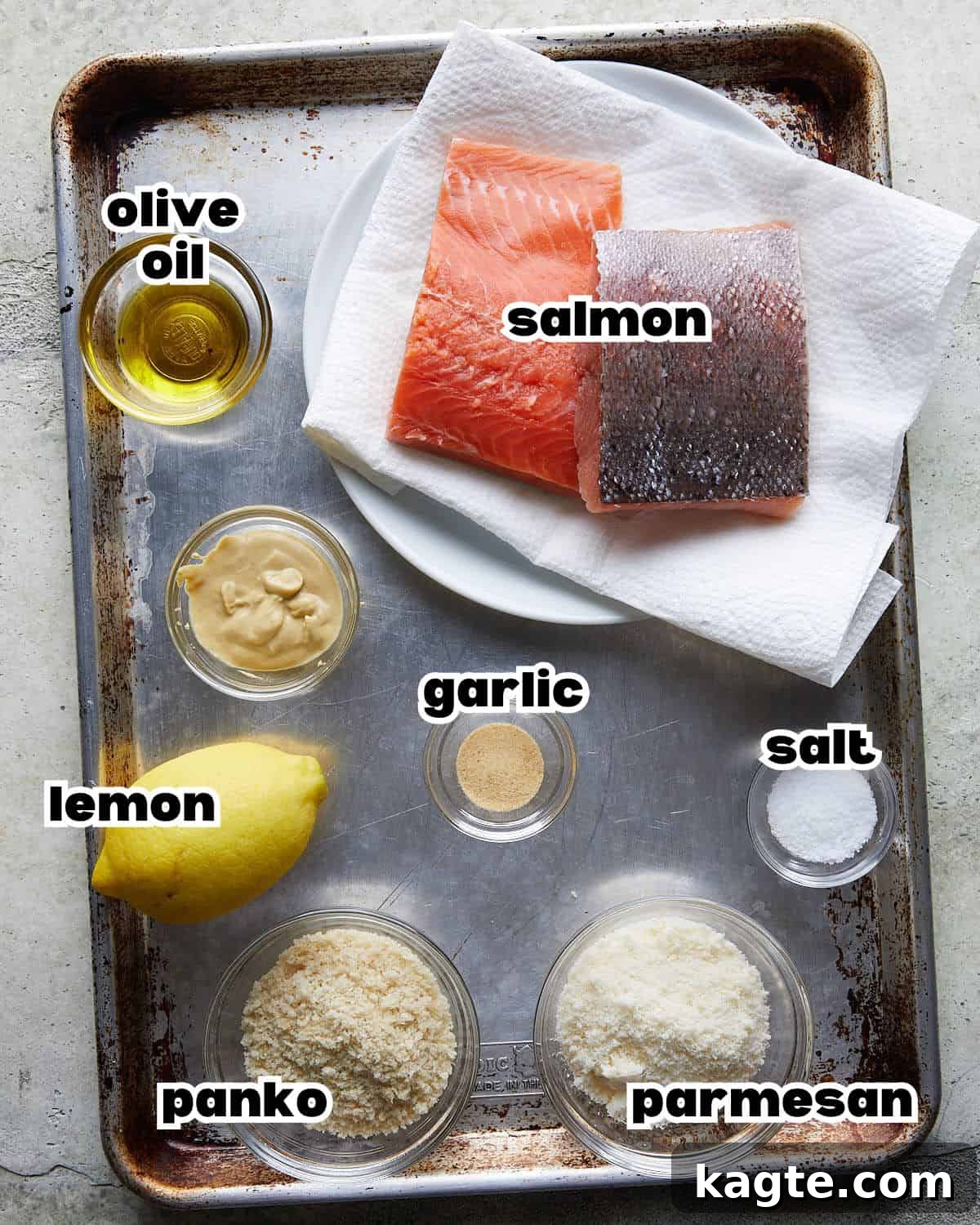 Crispy Panko Baked Salmon with Zesty Mustard 3 Overhead image of ingredients needed to make panko crusted salmon.