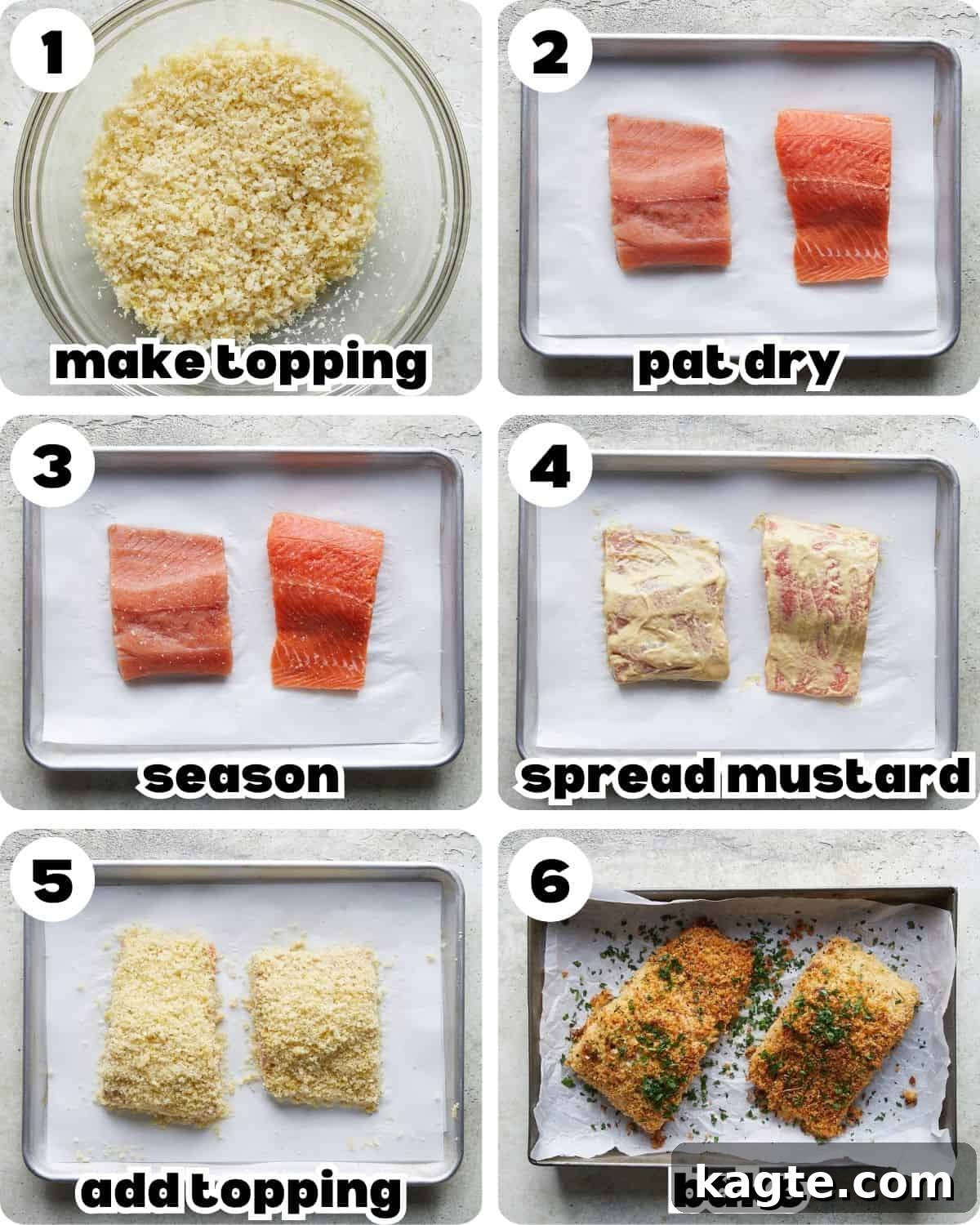 Crispy Panko Baked Salmon with Zesty Mustard 4 A 6 photo collage showing the steps to make panko crusted salmon.