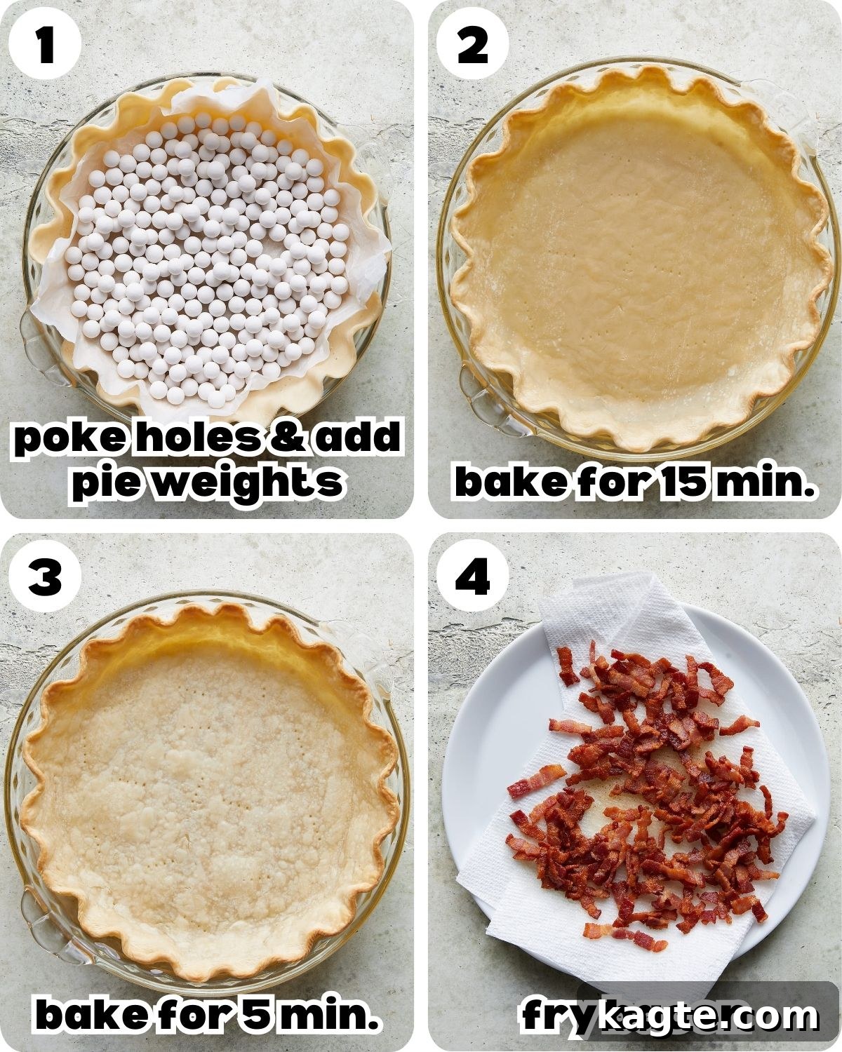 Golden Bacon, Spinach, and Mushroom Quiche with Sharp Cheddar 4 Four-photo collage showing the initial steps of blind baking the crust and cooking bacon.