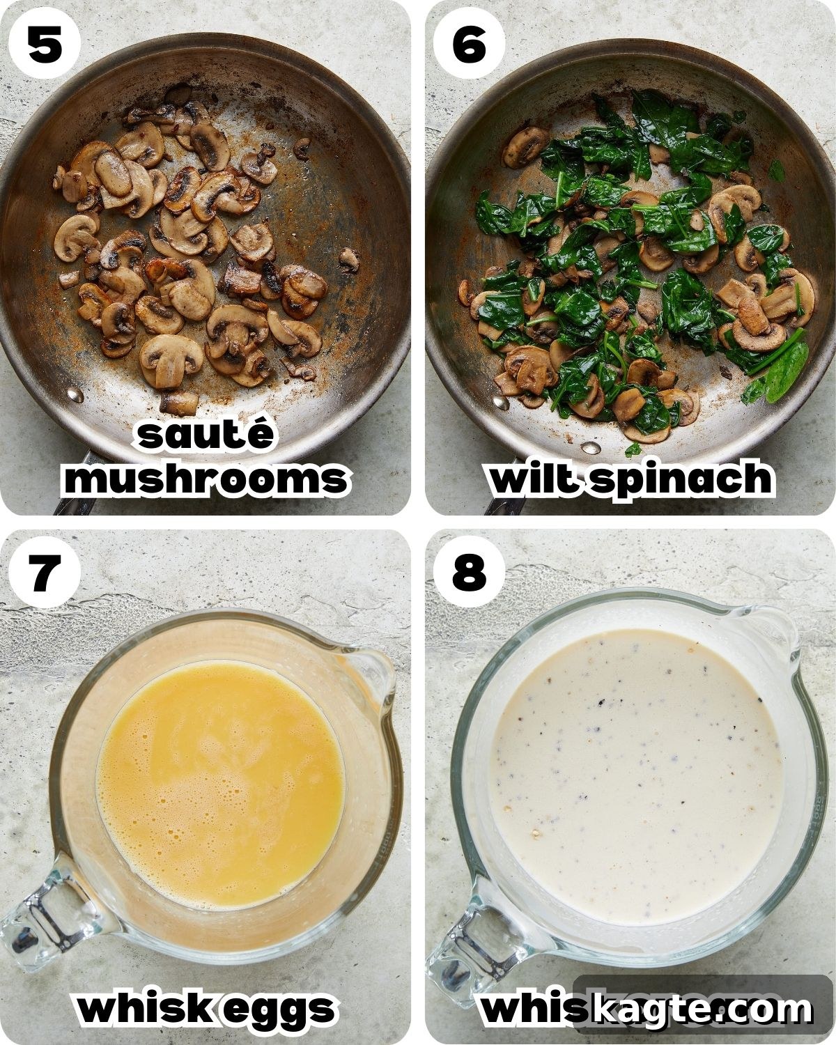 Golden Bacon, Spinach, and Mushroom Quiche with Sharp Cheddar 5 Middle stages of quiche preparation: sautéing mushrooms and spinach, and whisking the egg mixture.