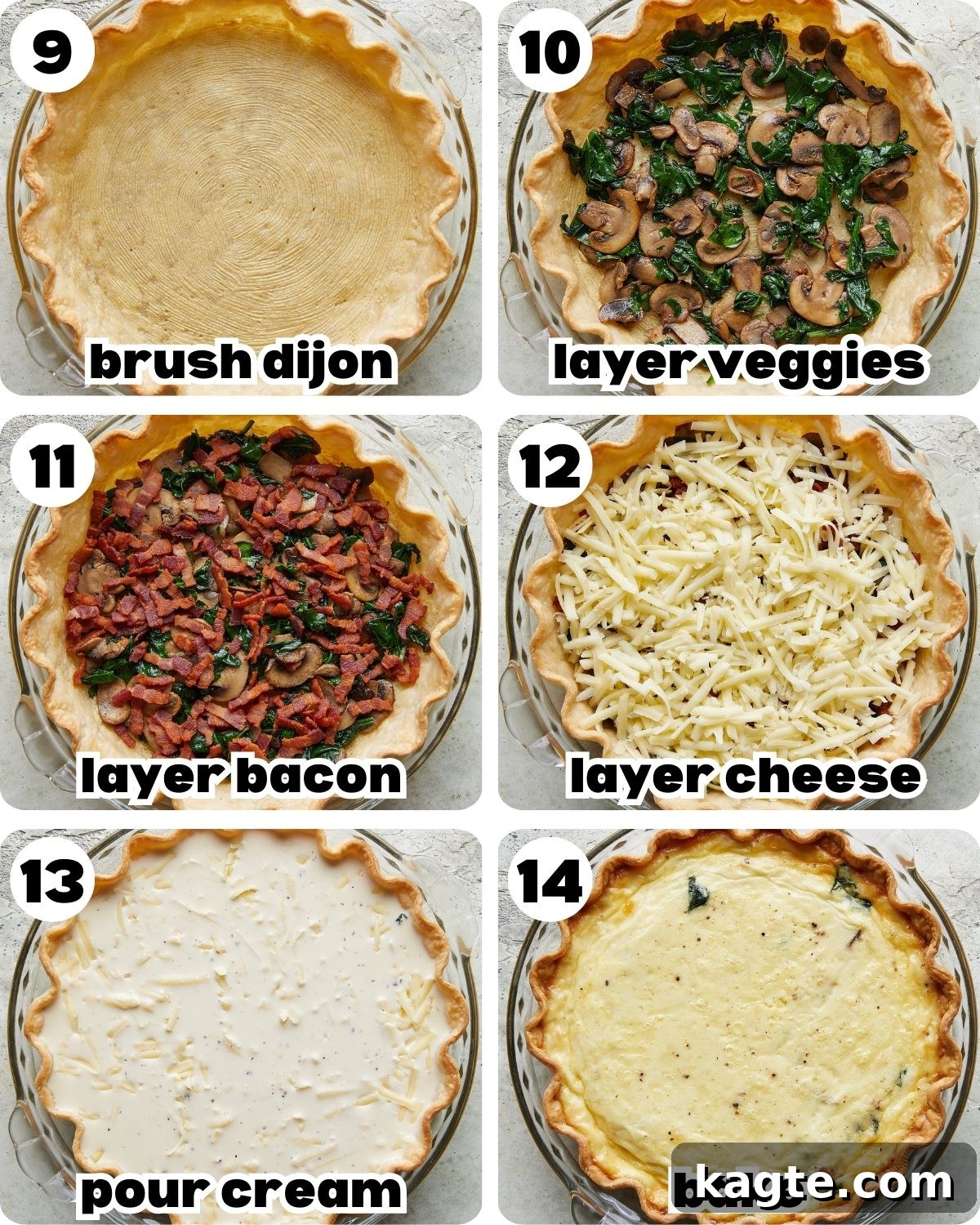 Golden Bacon, Spinach, and Mushroom Quiche with Sharp Cheddar 6 Final assembly steps for the quiche, including layering fillings and pouring in the custard.