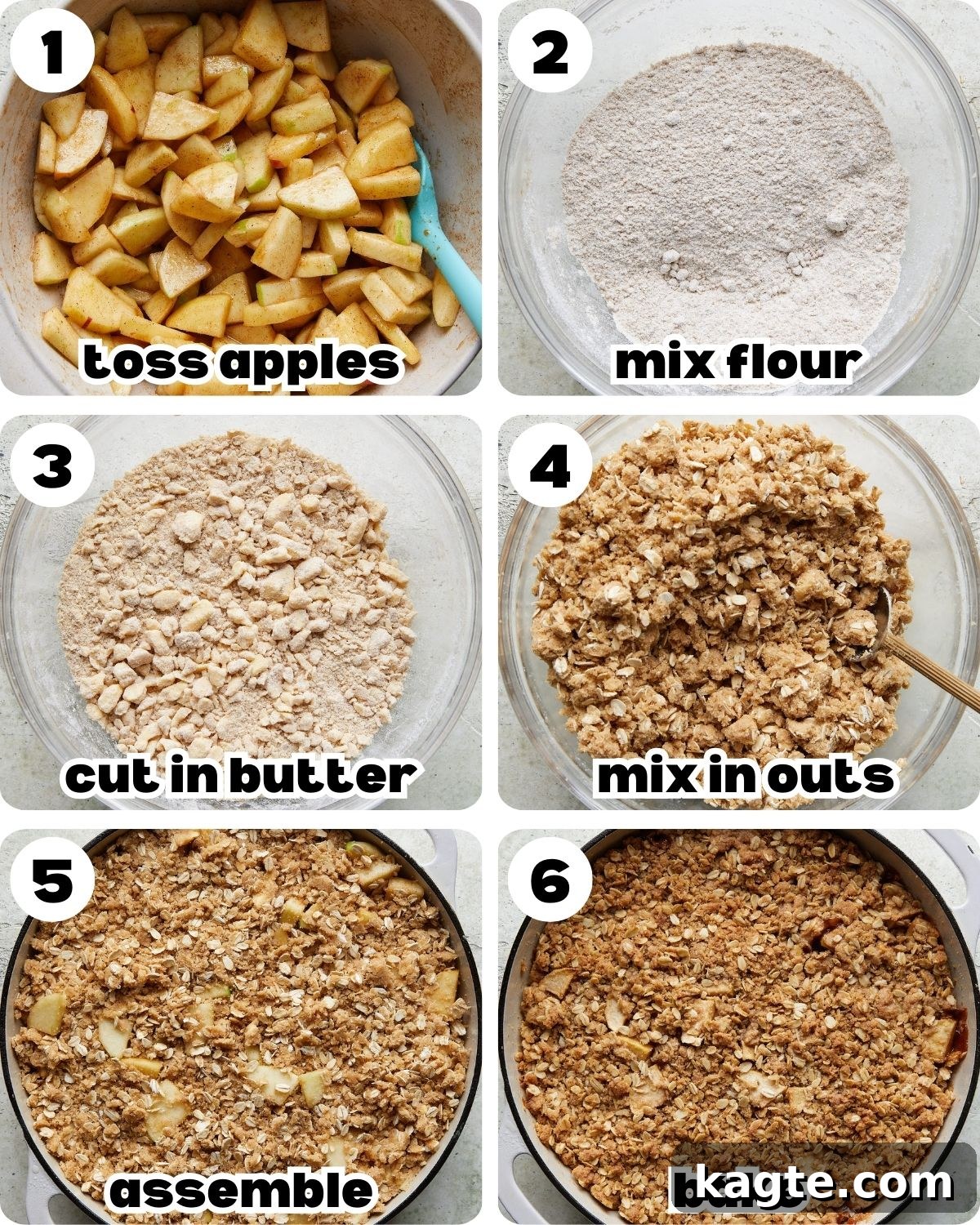 Ultimate Dutch Oven Apple Crumble 5 A six photo collage showing the steps for dutch oven apple crisp.