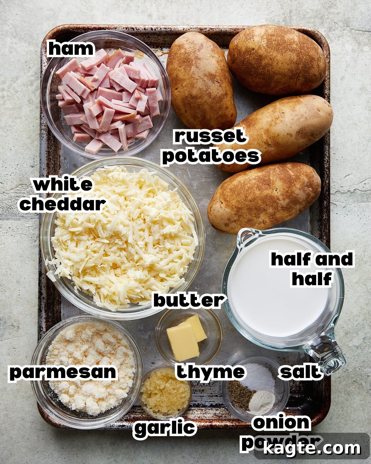 Overhead image of ingredients needed to make au gratin potatoes. 