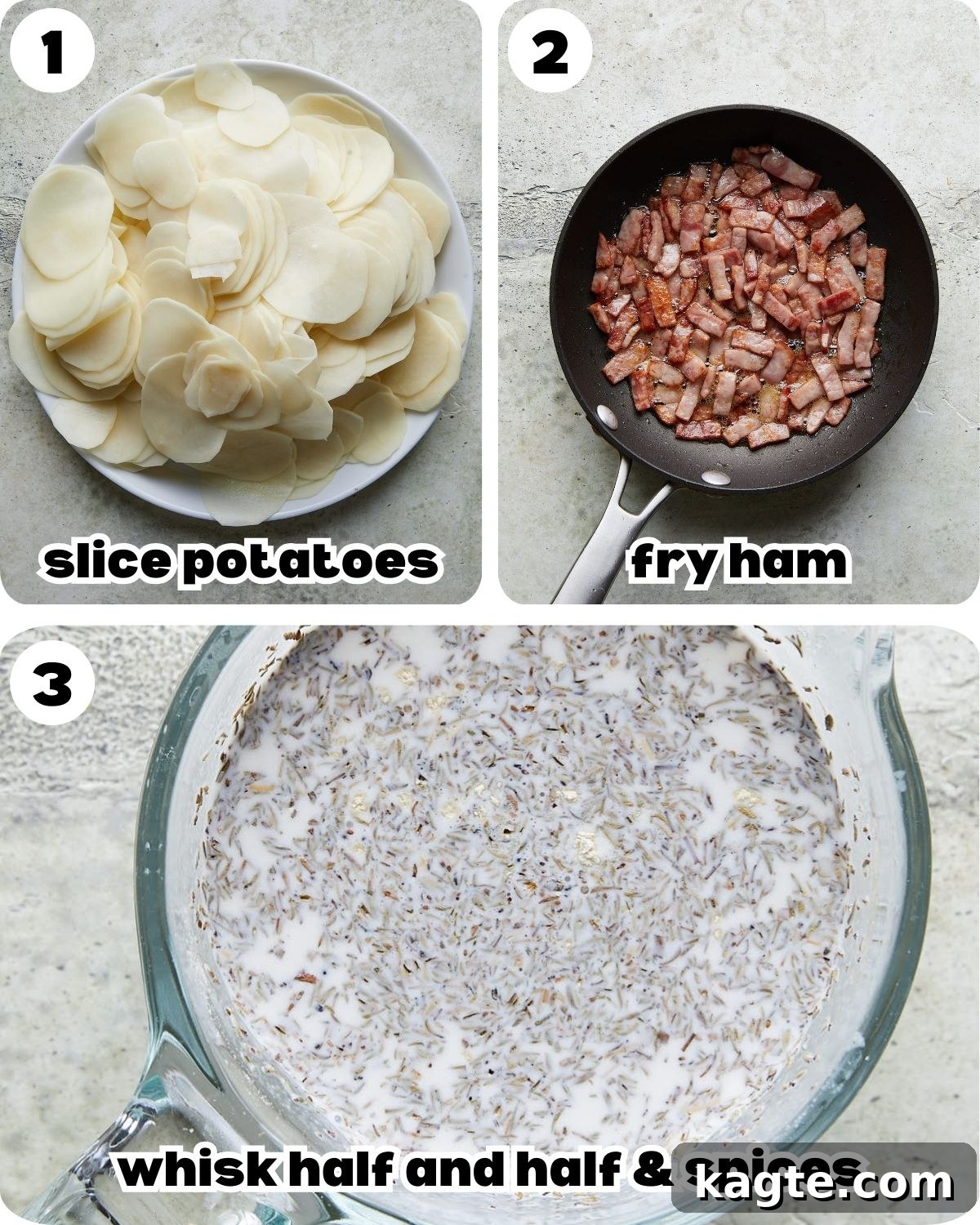 A three photo collage showing the beginning steps for au gratin potatoes with ham. 