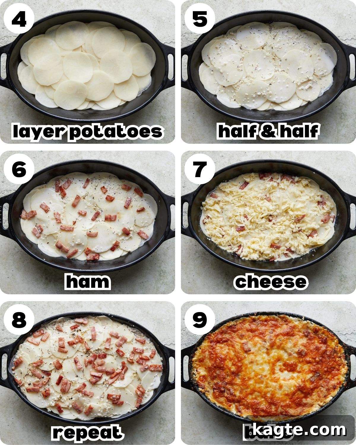 A 6 photo collage showing the final steps for au gratin potatoes with ham. 