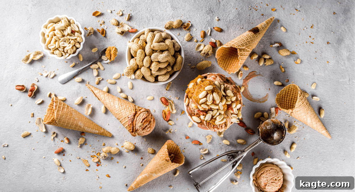 Design Your Own Sundae Bar 5 Overhead image of various crunchy ice cream toppings including nuts, crushed cookies, and waffle cone pieces.