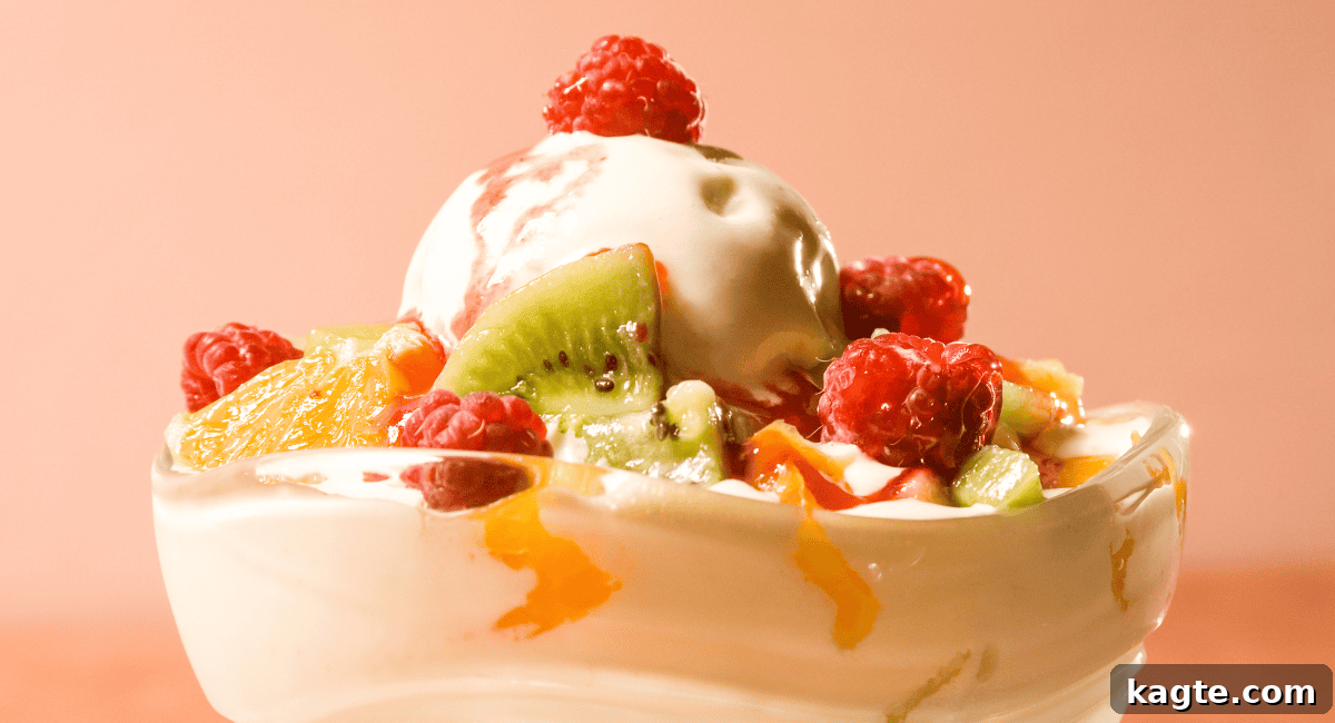 Design Your Own Sundae Bar 6 Side image of fresh fruit toppings, including berries and bananas, on ice cream.