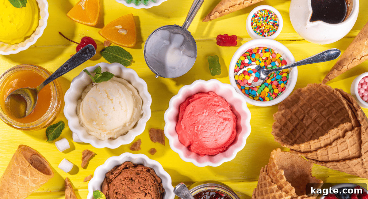 Design Your Own Sundae Bar 8 Overhead image of a lavish display of diverse ice cream toppings, including colorful sprinkles, waffle cones, and candies.