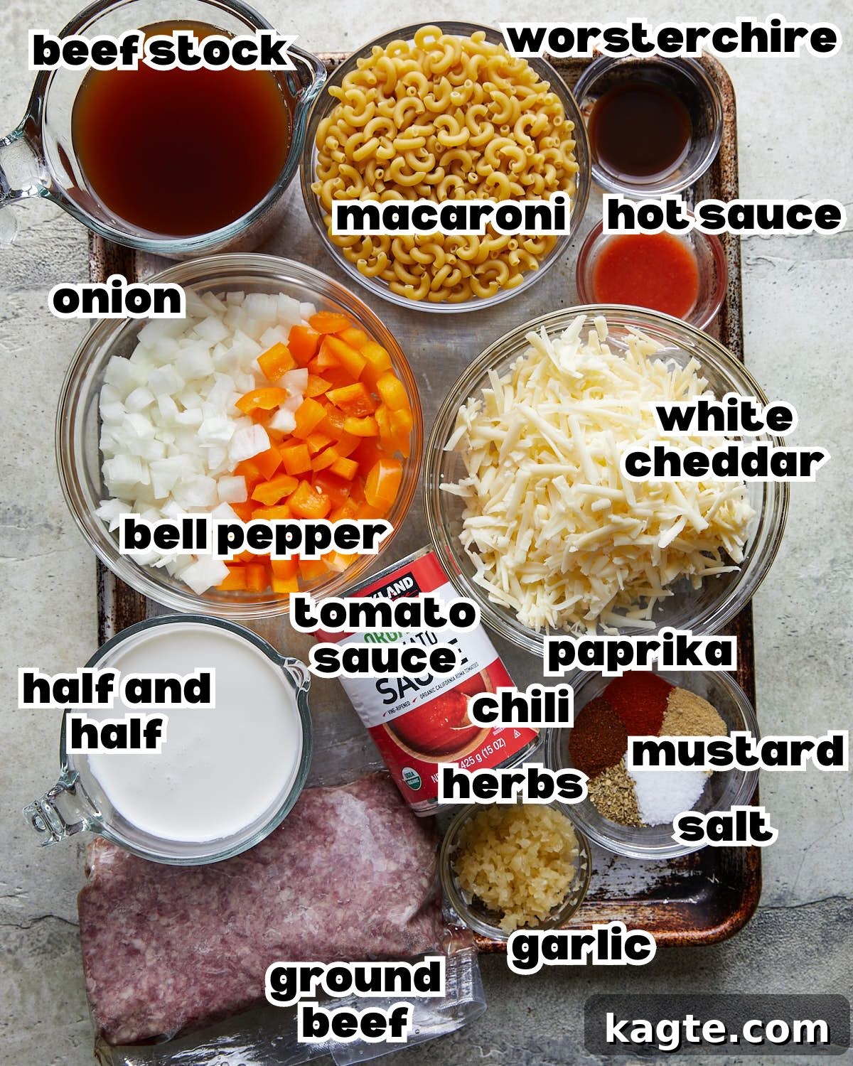 Overhead image of ingredients needed to make homemade hamburger helper. 