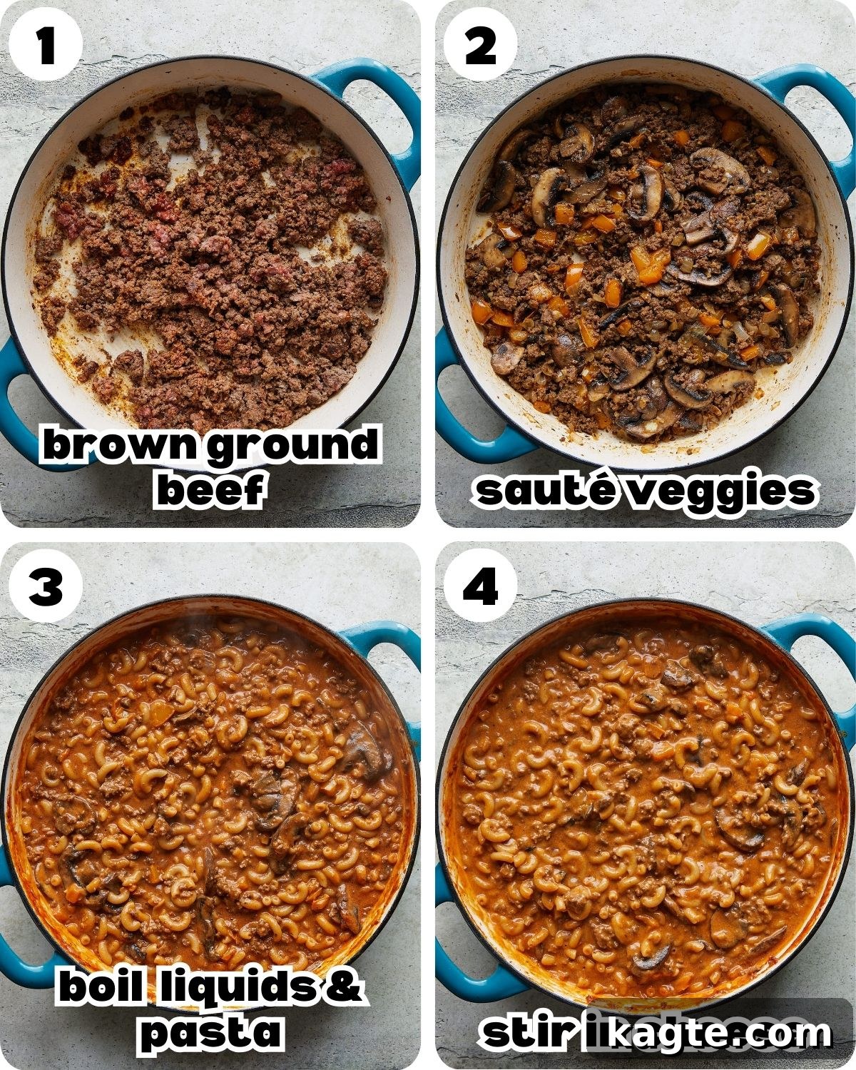 A four photo collage showing the steps to make homemade hamburger helper. 