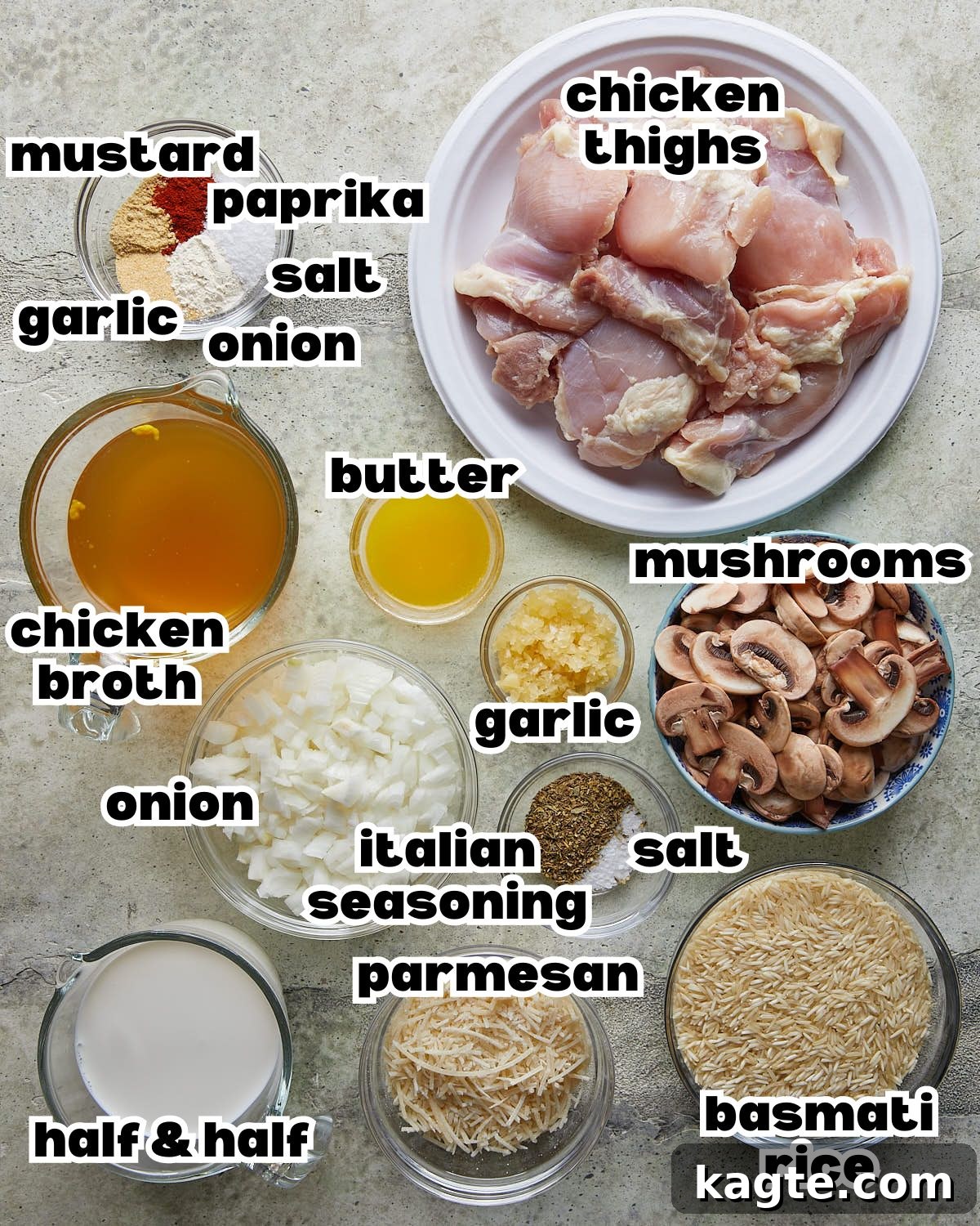 Hearty One-Pot Chicken and Rice Bake 3 Overhead image of ingredients needed to make oven baked chicken and rice.